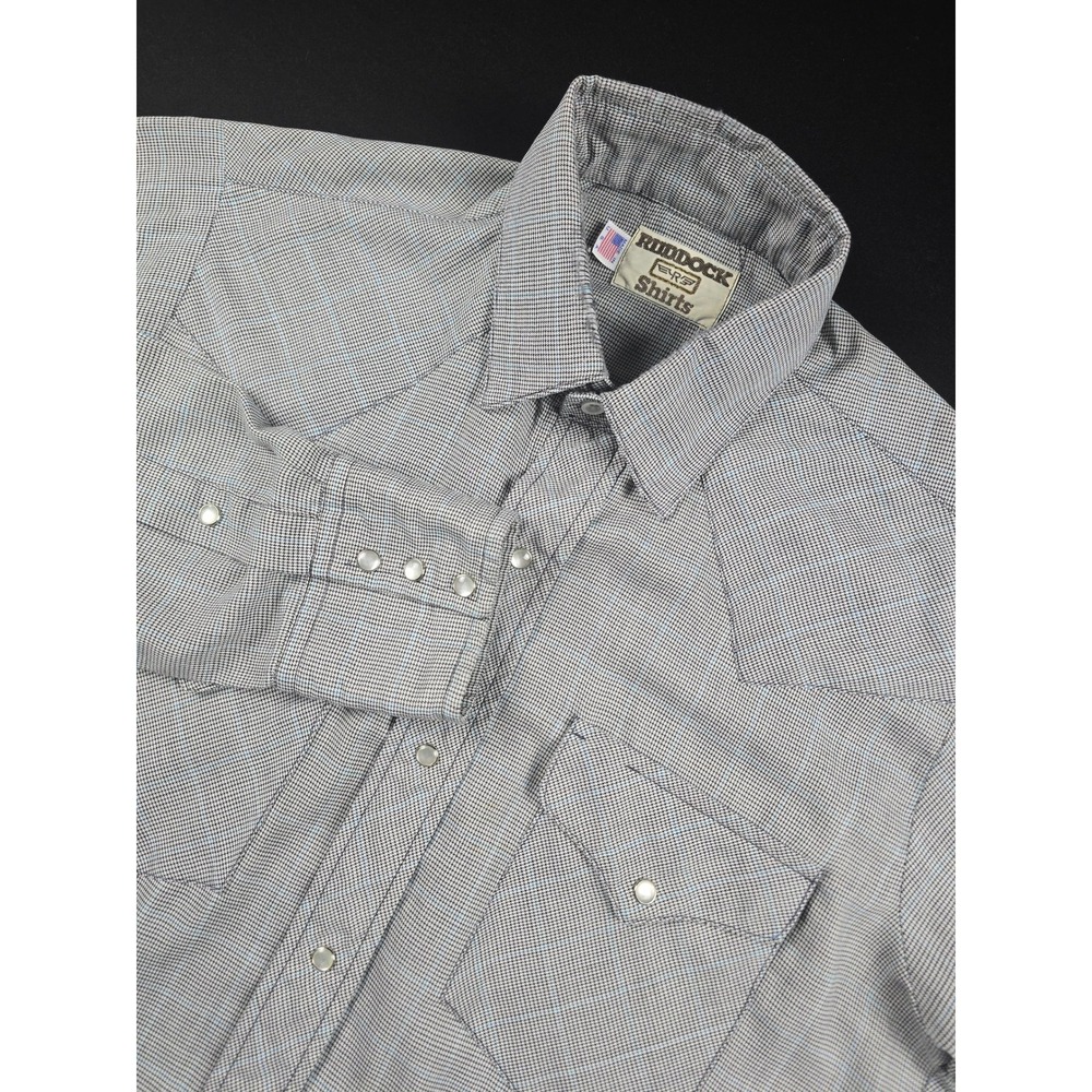 Vintage Ruddock Mens Western Pearl Snap Houndstooth Plaid Long Sleeve Shirt Gray
